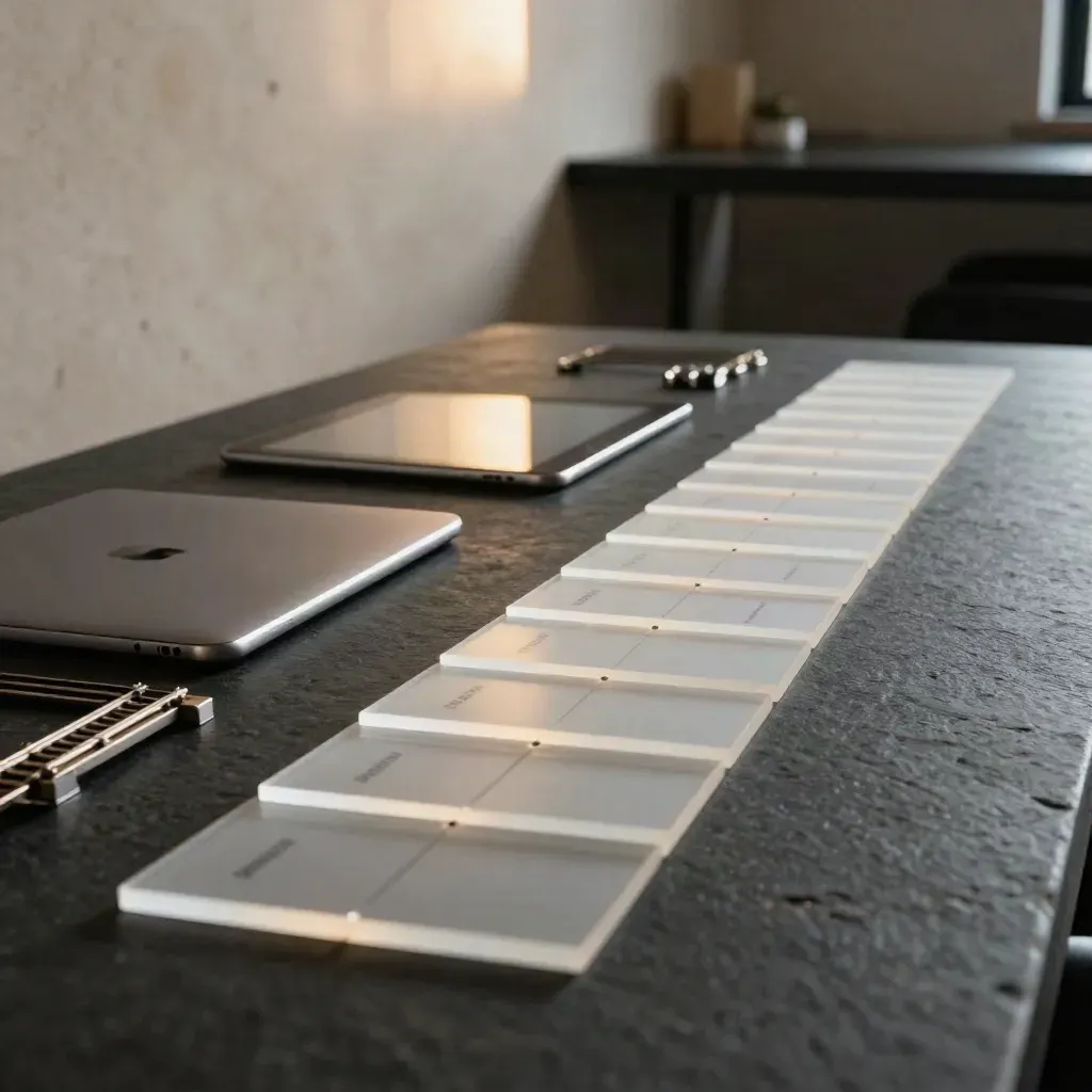 Translucent roadmap tiles, closed tablet and metal rail on a dark table in dramatic haze.