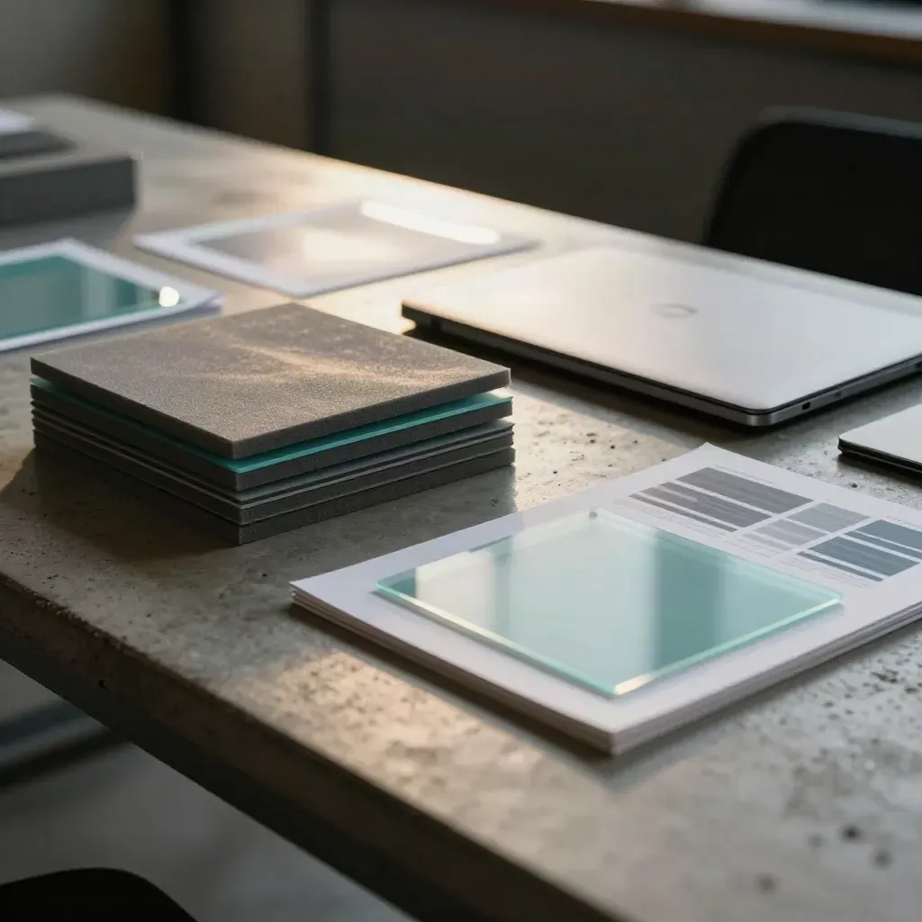 Audit kit on concrete workbench with prototype slices, acetate overlays, laptop and modules