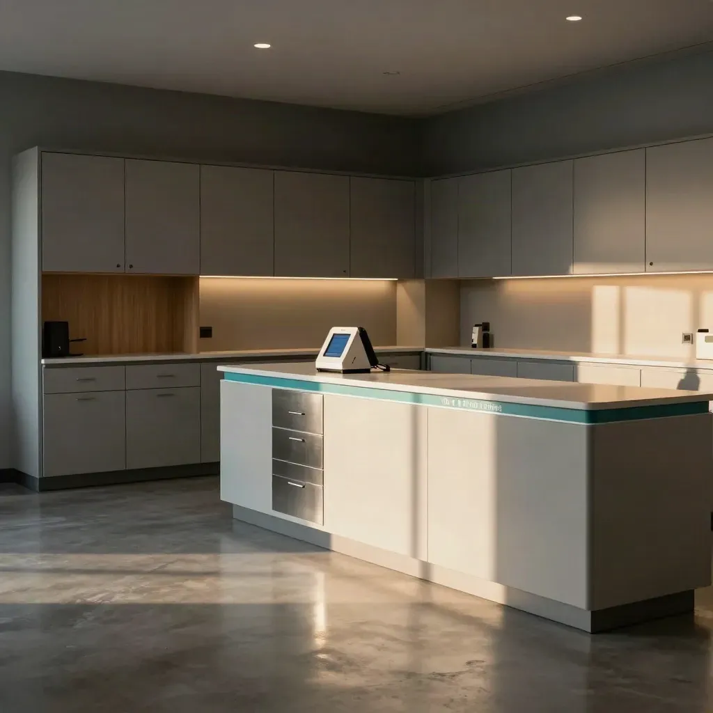 Empty clinic intake bay with modular storage, teal wayfinding lights and sunlit floor.