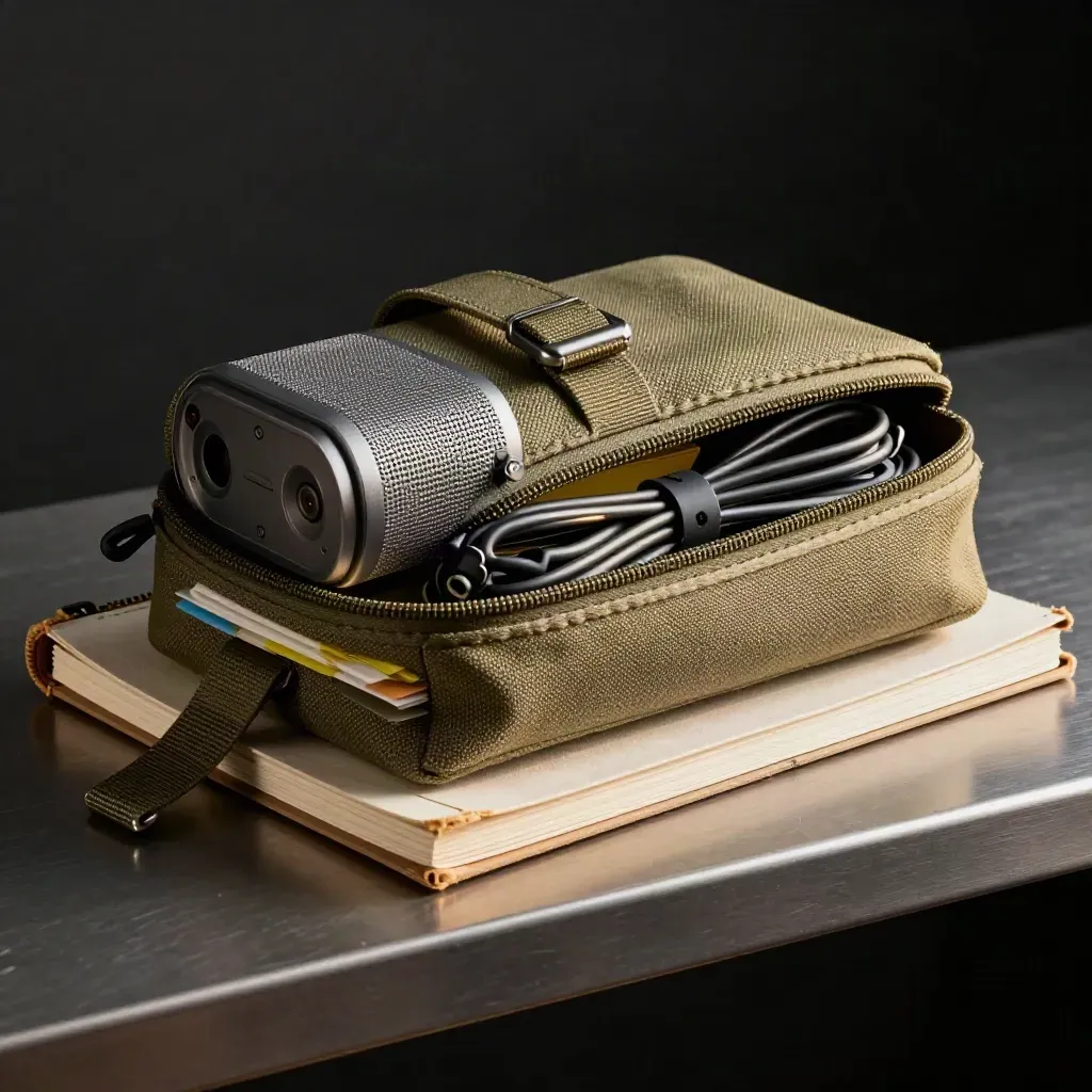 Close-up of a rollout kit with pouch, speaker, tabs and cable ties.