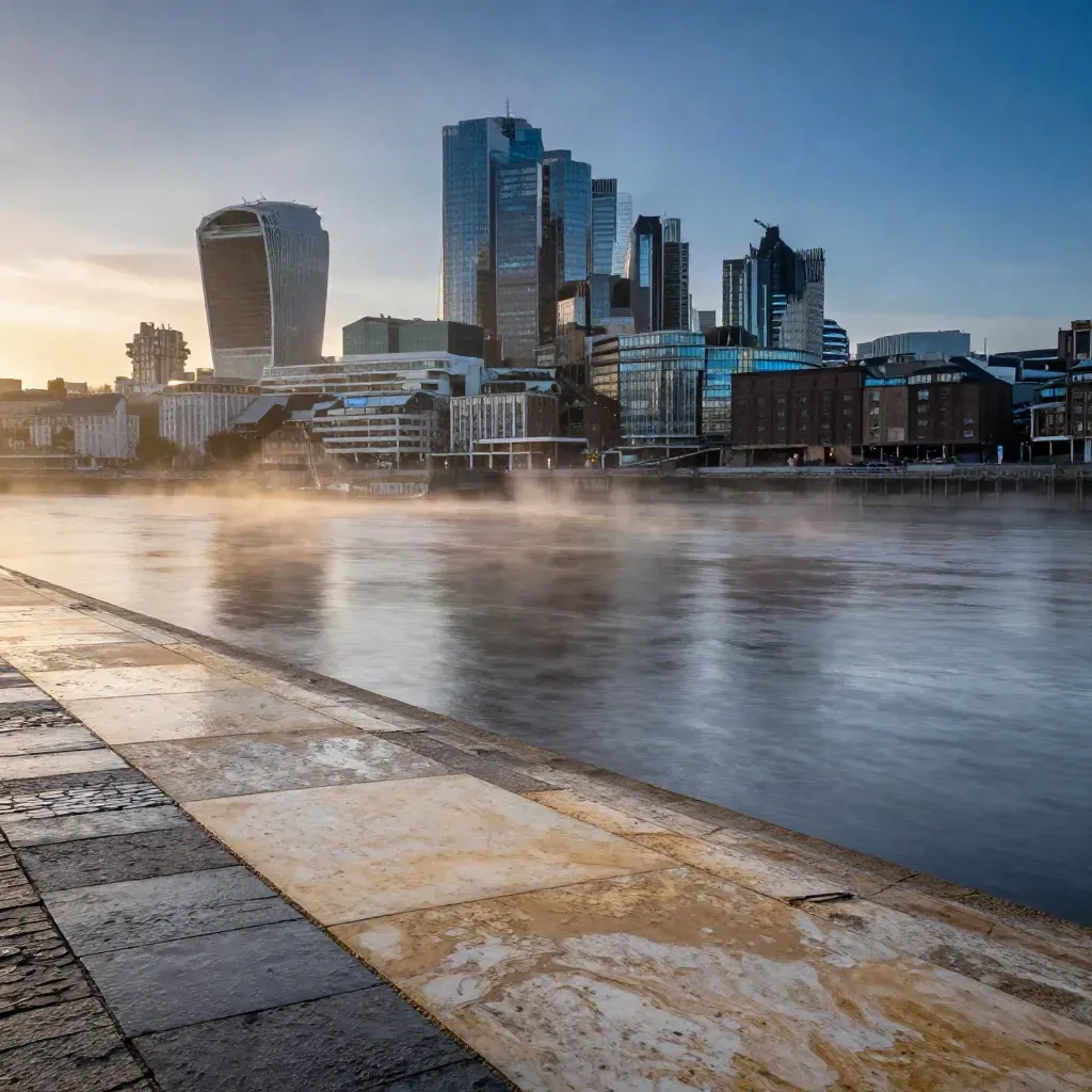 Blue-hour Thames skyline with mist, calm water and high-rise towers above a quiet embankment.