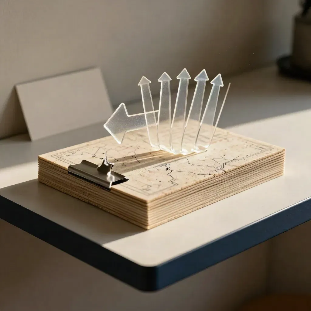 Roadmap tiles, metal clip, and acetate arrow on a matte shelf