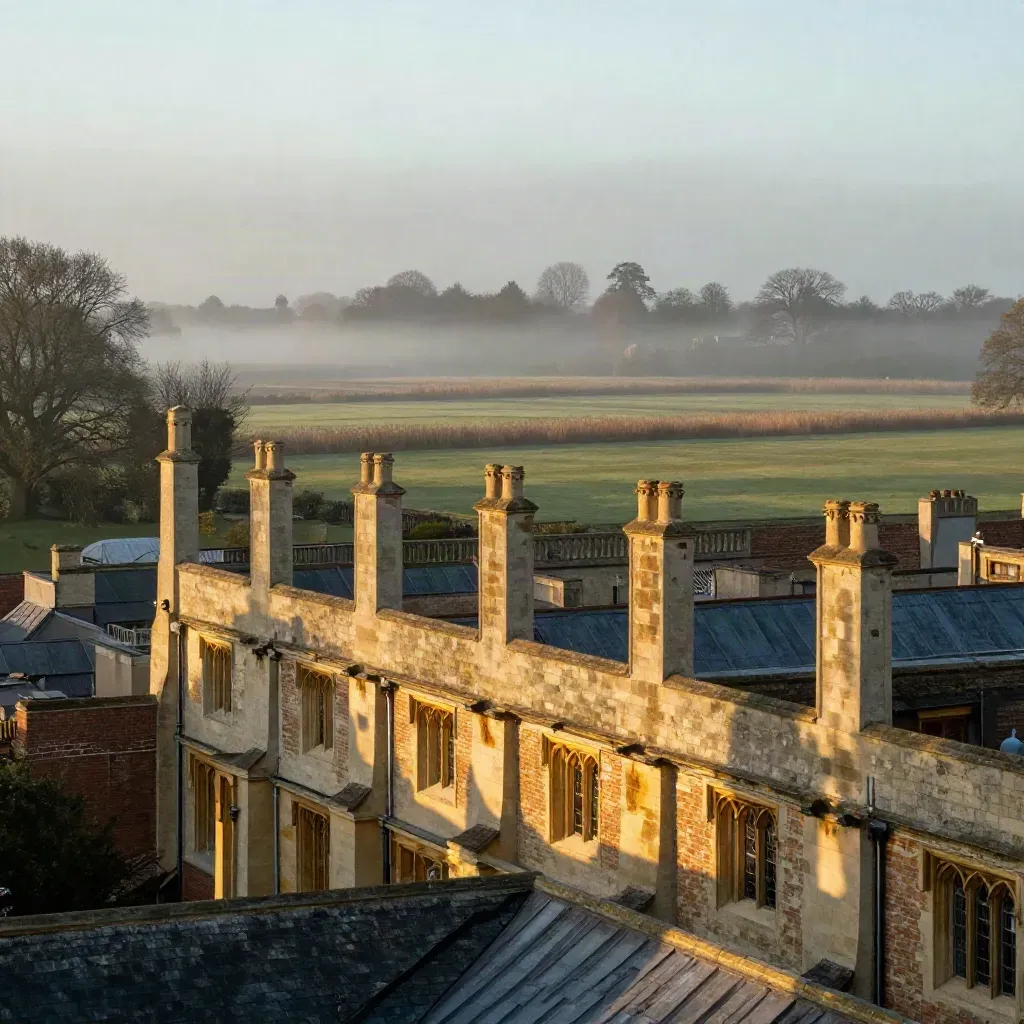 Cambridge rooftops above misty fenland at sunrise, calm open space below for copy.